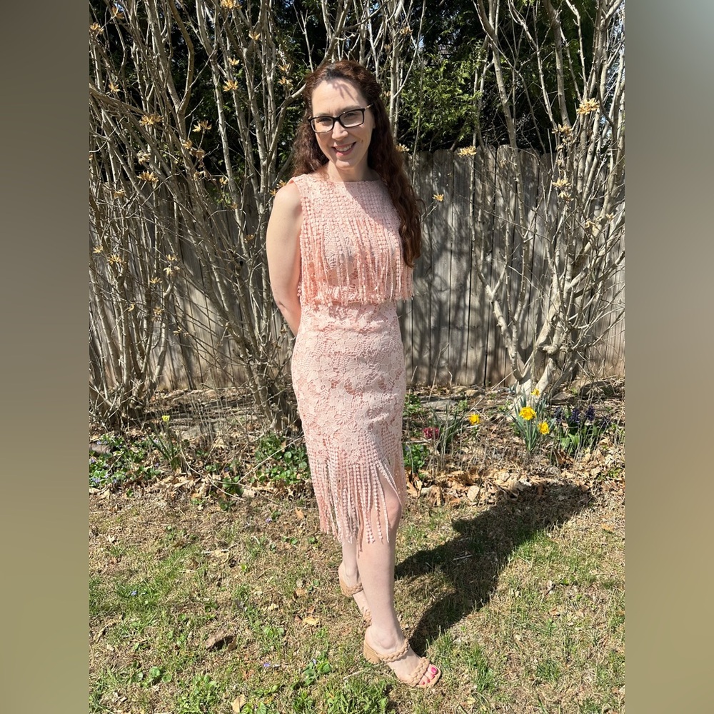 ST STUDIO NWT PEACH PINK LACE FRINGE DRESS SIZE 36 MSRP $185